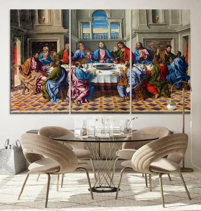 The Last Supper Multi Panel Canvas Wall Art is expertly crafted on museum-quality polycotton canvas. Each panel is enhanced with a UV-protective coating, elegantly displayed on the white wall setting.