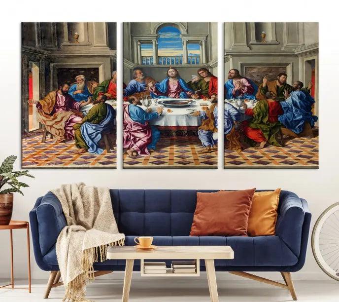 The Last Supper Multi Panel Canvas Wall Art is expertly crafted on museum-quality polycotton canvas. Each panel is enhanced with a UV-protective coating, elegantly displayed on the white wall setting.