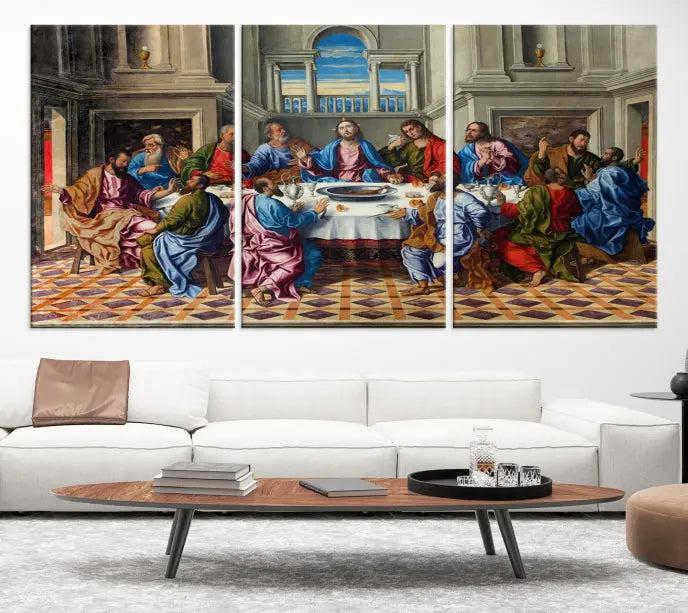 The Last Supper Multi Panel Canvas Wall Art is expertly crafted on museum-quality polycotton canvas. Each panel is enhanced with a UV-protective coating, elegantly displayed on the white wall setting.