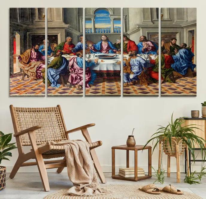 The Last Supper Multi Panel Canvas Wall Art is expertly crafted on museum-quality polycotton canvas. Each panel is enhanced with a UV-protective coating, elegantly displayed on the white wall setting.