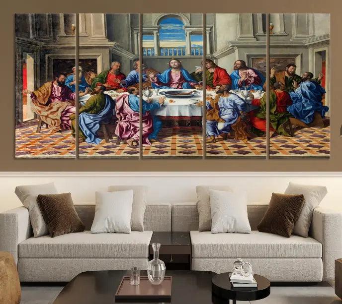 The Last Supper Multi Panel Canvas Wall Art is expertly crafted on museum-quality polycotton canvas. Each panel is enhanced with a UV-protective coating, elegantly displayed on the white wall setting.