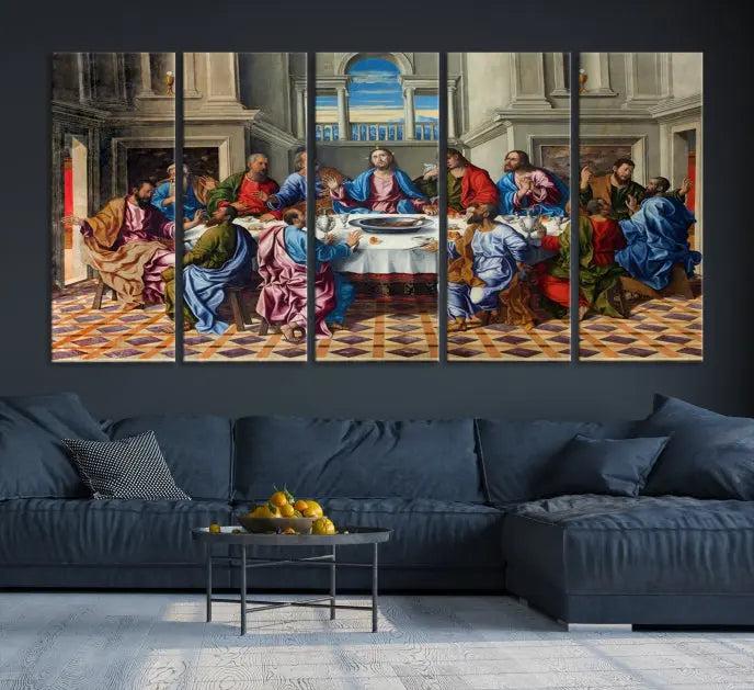 The Last Supper Multi Panel Canvas Wall Art is expertly crafted on museum-quality polycotton canvas. Each panel is enhanced with a UV-protective coating, elegantly displayed on the white wall setting.