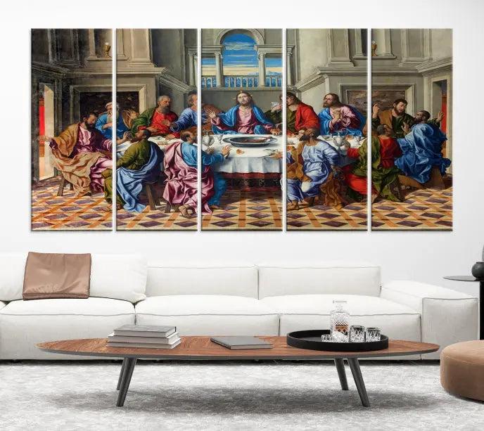 The Last Supper Multi Panel Canvas Wall Art is expertly crafted on museum-quality polycotton canvas. Each panel is enhanced with a UV-protective coating, elegantly displayed on the white wall setting.