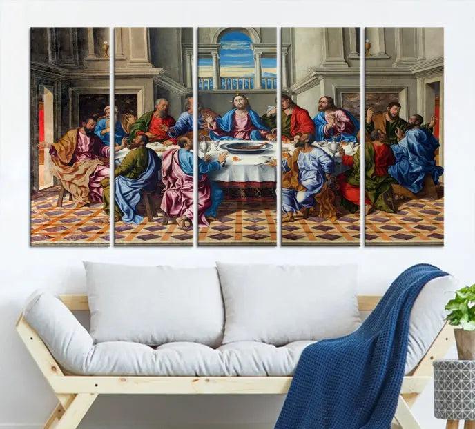 The Last Supper Multi Panel Canvas Wall Art is expertly crafted on museum-quality polycotton canvas. Each panel is enhanced with a UV-protective coating, elegantly displayed on the white wall setting.