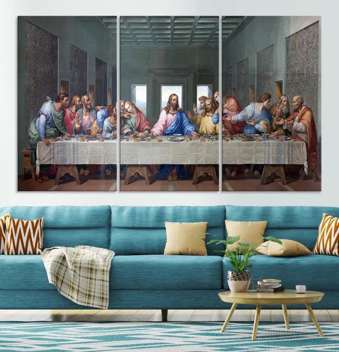 The room showcases The Last Supper Multi Panel Canvas Wall Art displayed above the couch, printed on museum-quality polycotton canvas.