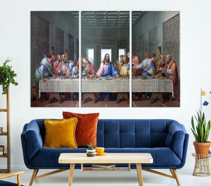 The room showcases The Last Supper Multi Panel Canvas Wall Art displayed above the couch, printed on museum-quality polycotton canvas.