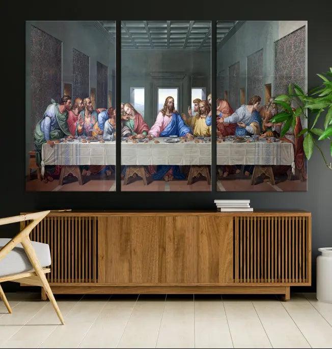 The room showcases The Last Supper Multi Panel Canvas Wall Art displayed above the couch, printed on museum-quality polycotton canvas.