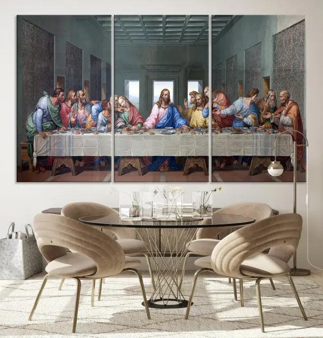 The room showcases The Last Supper Multi Panel Canvas Wall Art displayed above the couch, printed on museum-quality polycotton canvas.