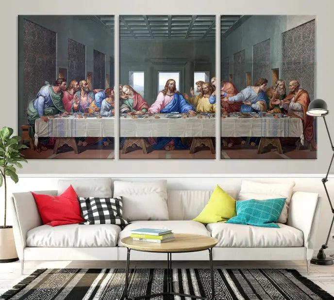 The room showcases The Last Supper Multi Panel Canvas Wall Art displayed above the couch, printed on museum-quality polycotton canvas.