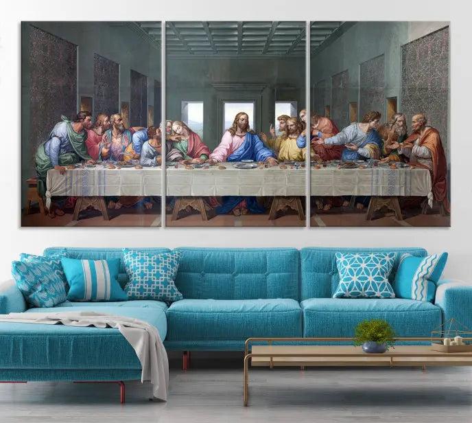 The room showcases The Last Supper Multi Panel Canvas Wall Art displayed above the couch, printed on museum-quality polycotton canvas.