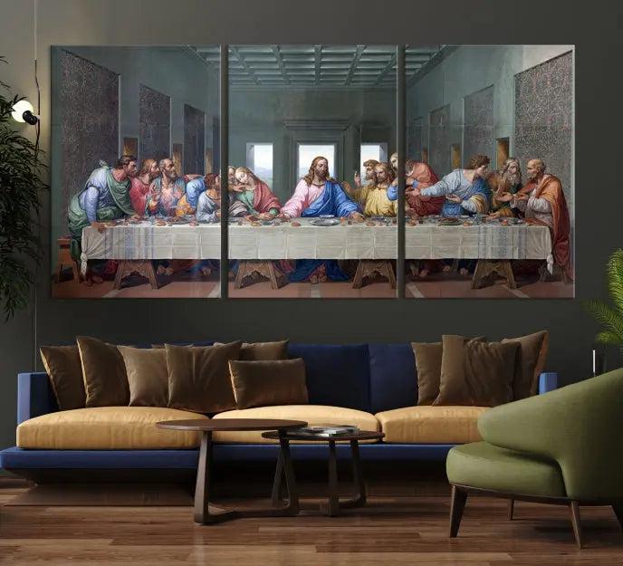 The room showcases The Last Supper Multi Panel Canvas Wall Art displayed above the couch, printed on museum-quality polycotton canvas.