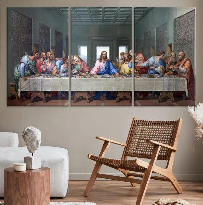 The room showcases The Last Supper Multi Panel Canvas Wall Art displayed above the couch, printed on museum-quality polycotton canvas.