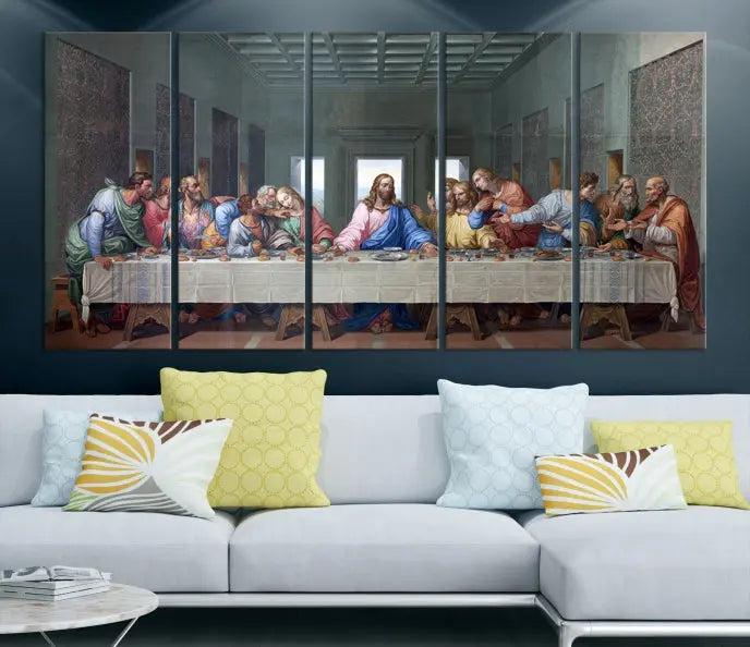 The room showcases The Last Supper Multi Panel Canvas Wall Art displayed above the couch, printed on museum-quality polycotton canvas.