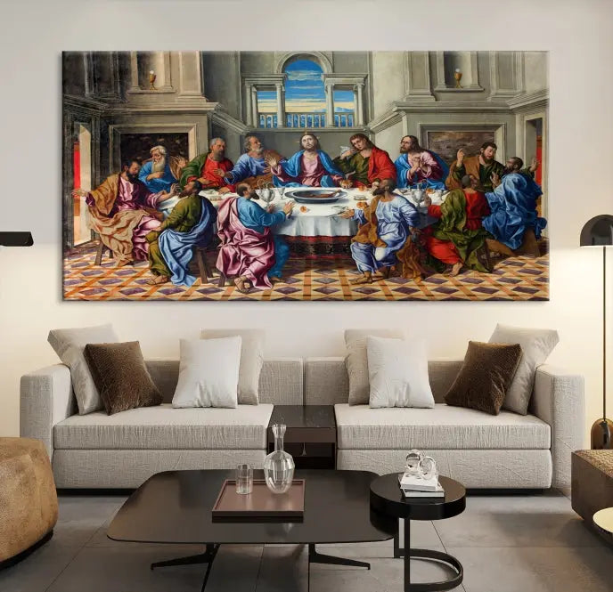 The Last Supper Multi Panel Canvas Wall Art," elegantly hung on the wall, features museum-quality canvases with a UV-protective coating.