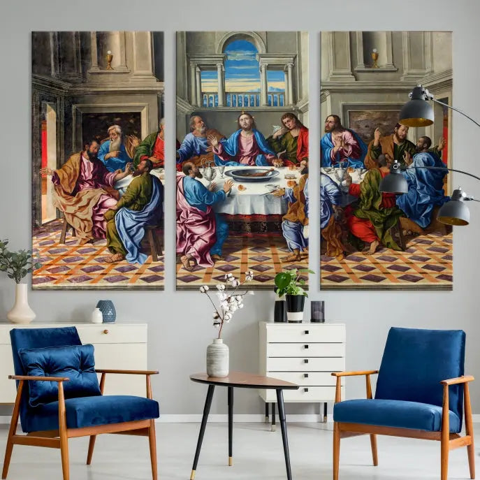 The Last Supper Multi Panel Canvas Wall Art," elegantly hung on the wall, features museum-quality canvases with a UV-protective coating.