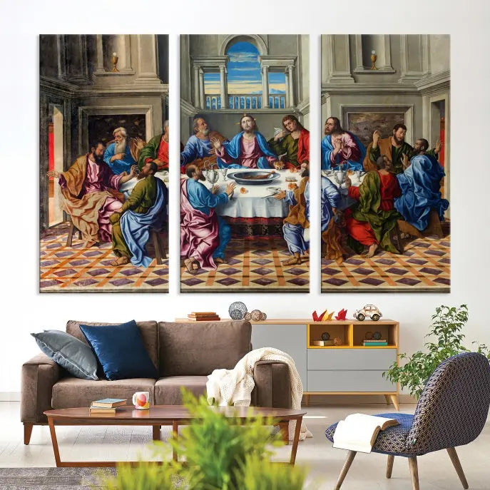 The Last Supper Multi Panel Canvas Wall Art," elegantly hung on the wall, features museum-quality canvases with a UV-protective coating.