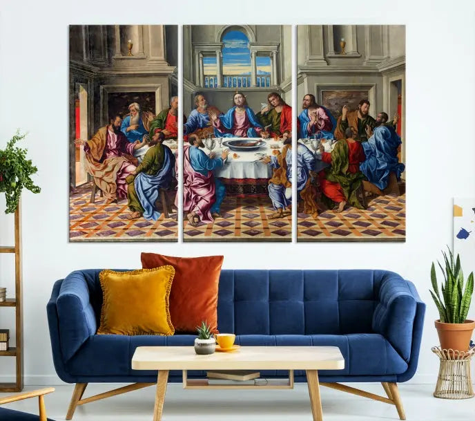 The Last Supper Multi Panel Canvas Wall Art," elegantly hung on the wall, features museum-quality canvases with a UV-protective coating.