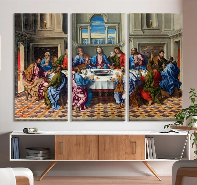 The Last Supper Multi Panel Canvas Wall Art," elegantly hung on the wall, features museum-quality canvases with a UV-protective coating.