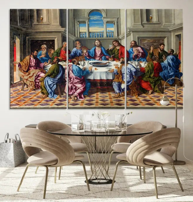 The Last Supper Multi Panel Canvas Wall Art," elegantly hung on the wall, features museum-quality canvases with a UV-protective coating.