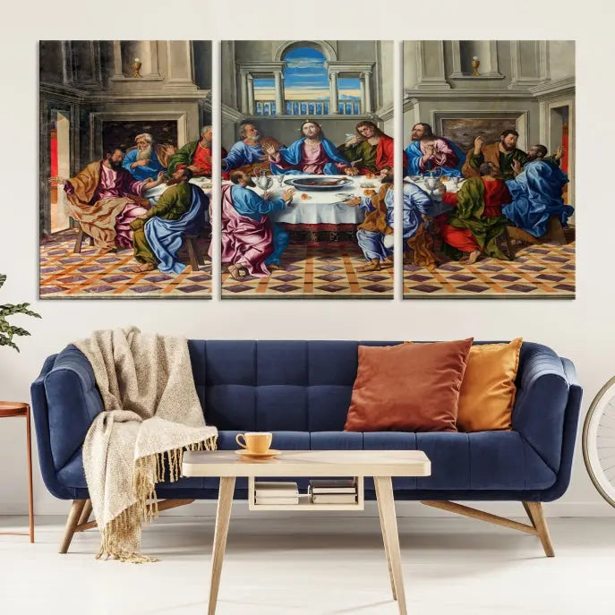 The Last Supper Multi Panel Canvas Wall Art," elegantly hung on the wall, features museum-quality canvases with a UV-protective coating.