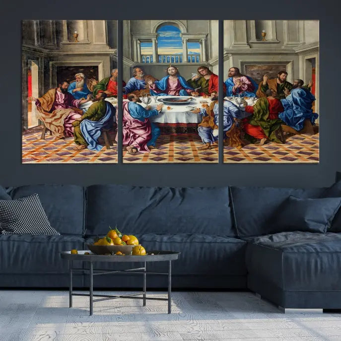 The Last Supper Multi Panel Canvas Wall Art," elegantly hung on the wall, features museum-quality canvases with a UV-protective coating.