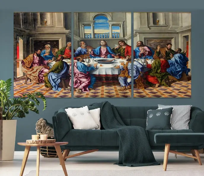 The Last Supper Multi Panel Canvas Wall Art," elegantly hung on the wall, features museum-quality canvases with a UV-protective coating.