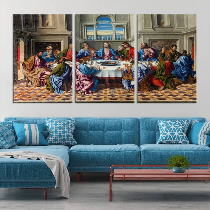 The Last Supper Multi Panel Canvas Wall Art," elegantly hung on the wall, features museum-quality canvases with a UV-protective coating.