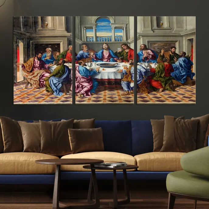 The Last Supper Multi Panel Canvas Wall Art," elegantly hung on the wall, features museum-quality canvases with a UV-protective coating.