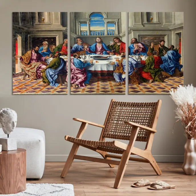 The Last Supper Multi Panel Canvas Wall Art," elegantly hung on the wall, features museum-quality canvases with a UV-protective coating.