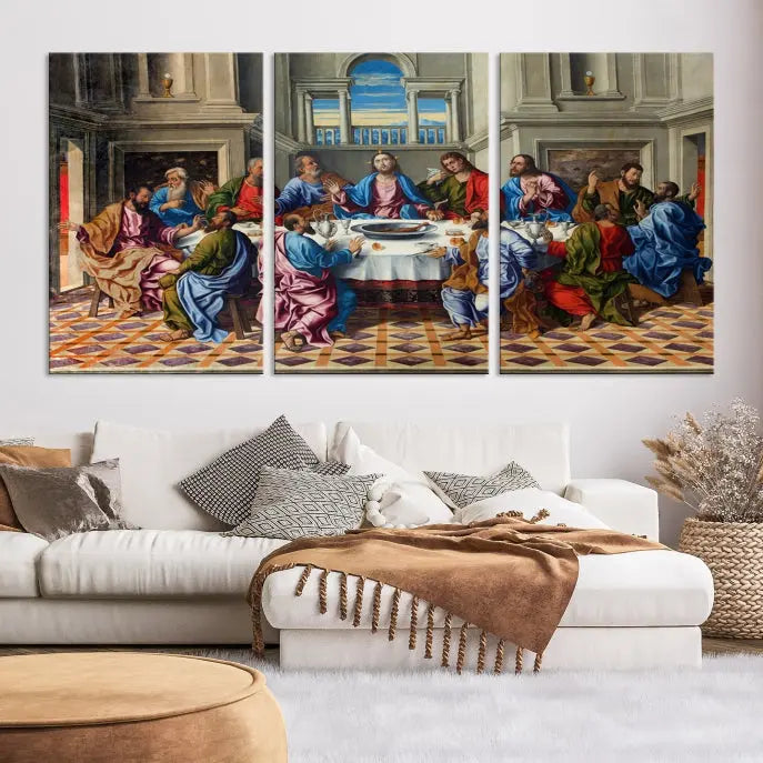 The Last Supper Multi Panel Canvas Wall Art," elegantly hung on the wall, features museum-quality canvases with a UV-protective coating.