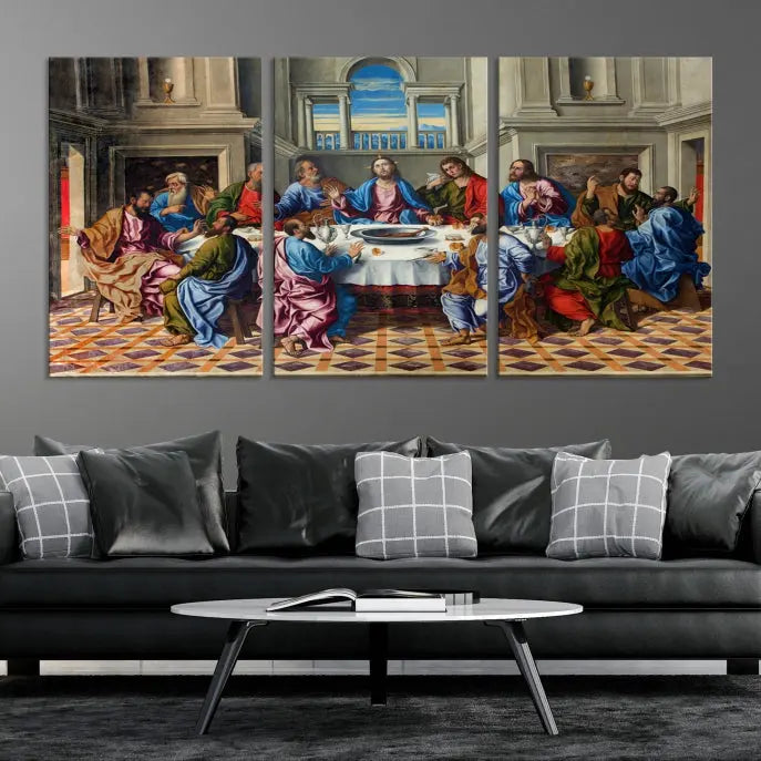 The Last Supper Multi Panel Canvas Wall Art," elegantly hung on the wall, features museum-quality canvases with a UV-protective coating.