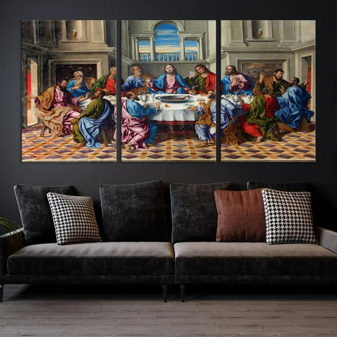 The Last Supper Multi Panel Canvas Wall Art," elegantly hung on the wall, features museum-quality canvases with a UV-protective coating.