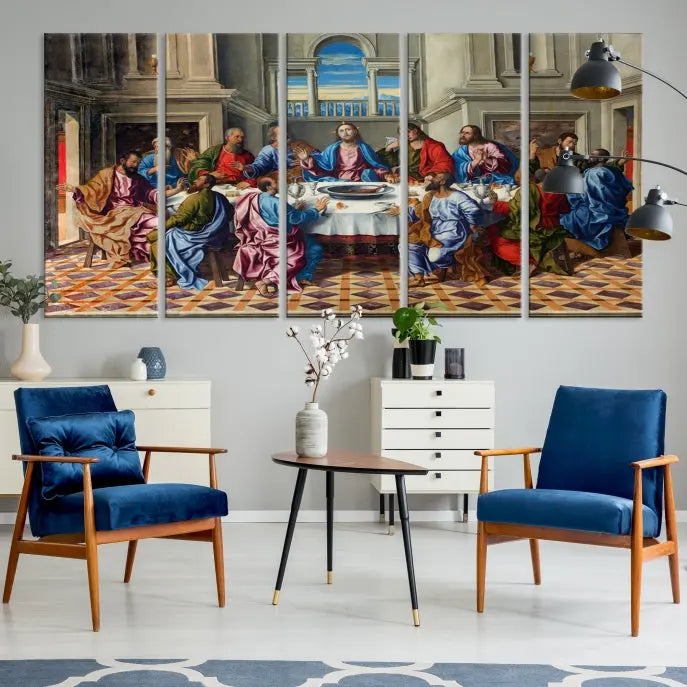 The Last Supper Multi Panel Canvas Wall Art," elegantly hung on the wall, features museum-quality canvases with a UV-protective coating.