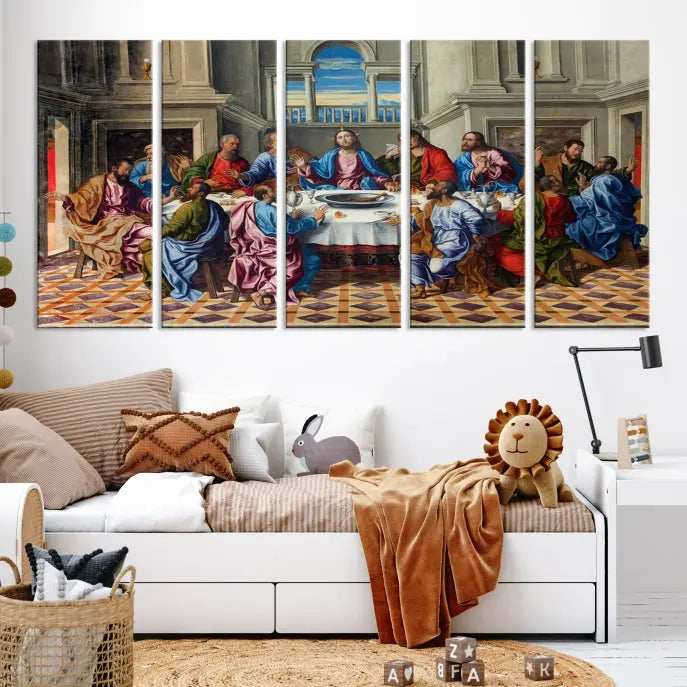 The Last Supper Multi Panel Canvas Wall Art," elegantly hung on the wall, features museum-quality canvases with a UV-protective coating.