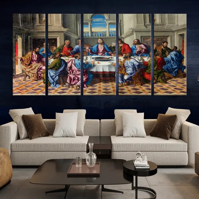 The Last Supper Multi Panel Canvas Wall Art," elegantly hung on the wall, features museum-quality canvases with a UV-protective coating.