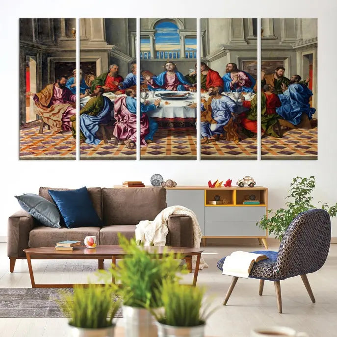 The Last Supper Multi Panel Canvas Wall Art," elegantly hung on the wall, features museum-quality canvases with a UV-protective coating.