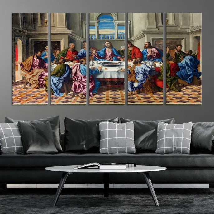 The Last Supper Multi Panel Canvas Wall Art," elegantly hung on the wall, features museum-quality canvases with a UV-protective coating.