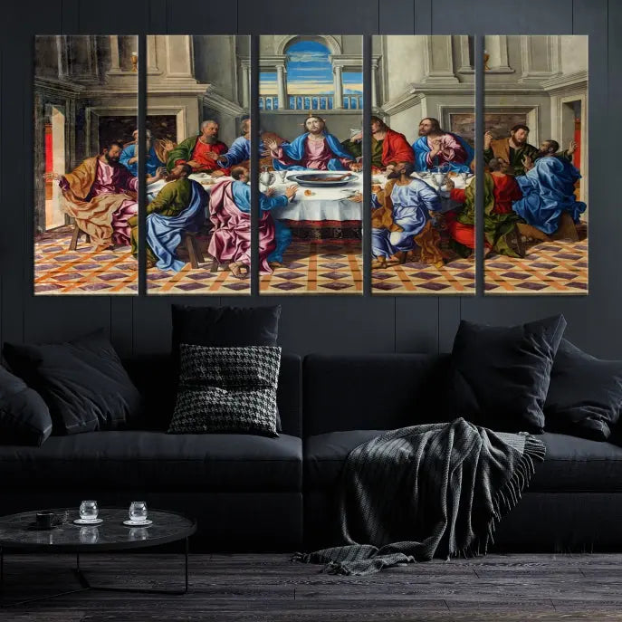 The Last Supper Multi Panel Canvas Wall Art," elegantly hung on the wall, features museum-quality canvases with a UV-protective coating.