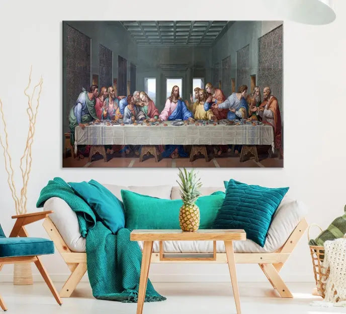 A triptych called The Last Supper Multi Panel Canvas Wall Art, printed on gallery-wrapped museum-quality polycotton canvas, is displayed in a modern living room.