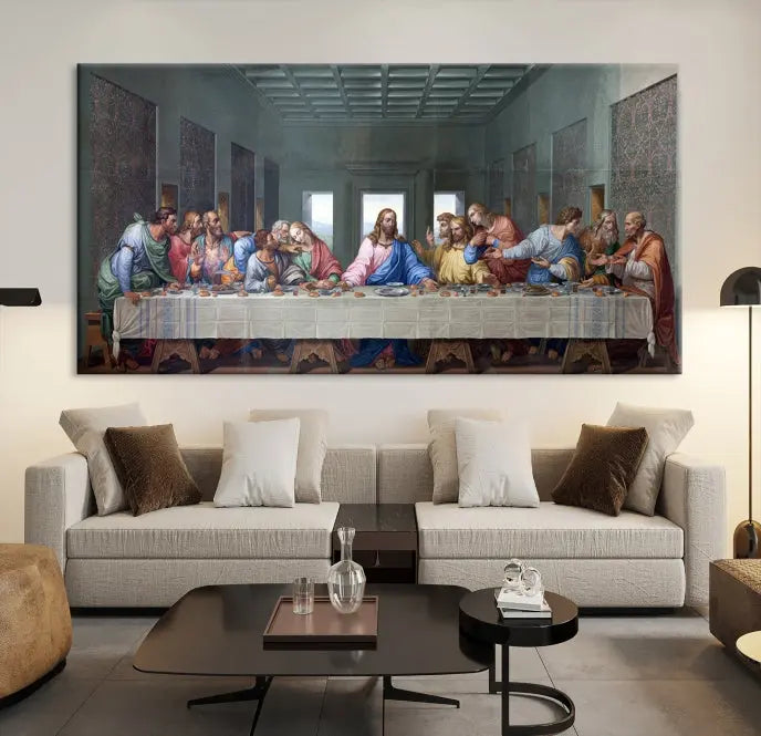 A triptych called The Last Supper Multi Panel Canvas Wall Art, printed on gallery-wrapped museum-quality polycotton canvas, is displayed in a modern living room.