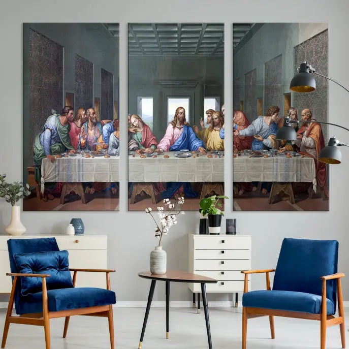 A triptych called The Last Supper Multi Panel Canvas Wall Art, printed on gallery-wrapped museum-quality polycotton canvas, is displayed in a modern living room.