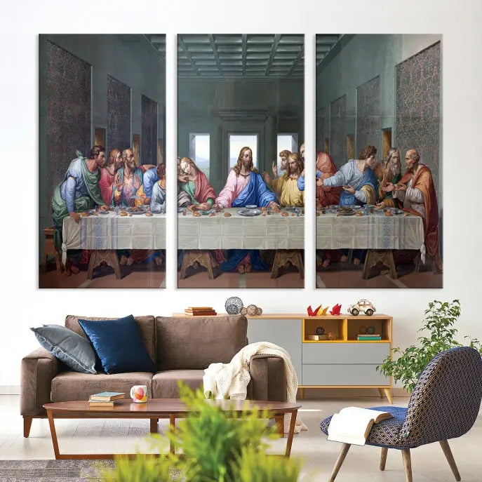 A triptych called The Last Supper Multi Panel Canvas Wall Art, printed on gallery-wrapped museum-quality polycotton canvas, is displayed in a modern living room.