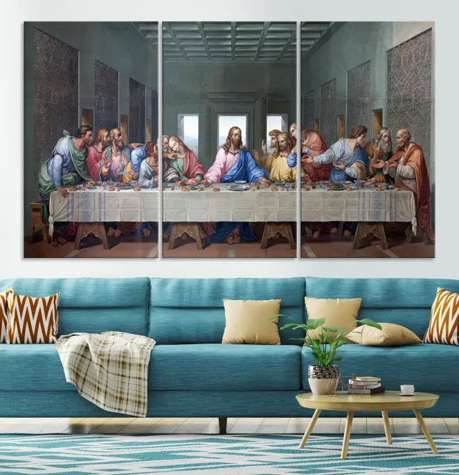 A triptych called The Last Supper Multi Panel Canvas Wall Art, printed on gallery-wrapped museum-quality polycotton canvas, is displayed in a modern living room.