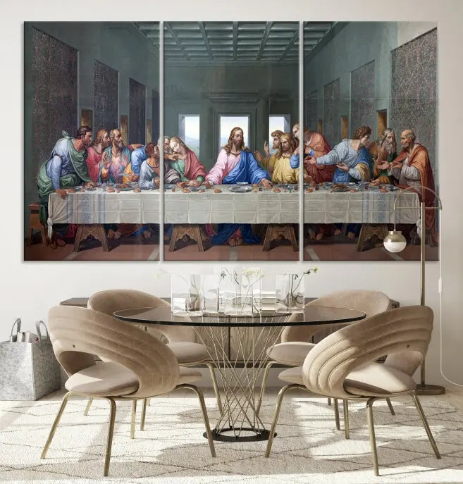 A triptych called The Last Supper Multi Panel Canvas Wall Art, printed on gallery-wrapped museum-quality polycotton canvas, is displayed in a modern living room.