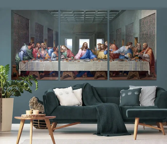 A triptych called The Last Supper Multi Panel Canvas Wall Art, printed on gallery-wrapped museum-quality polycotton canvas, is displayed in a modern living room.