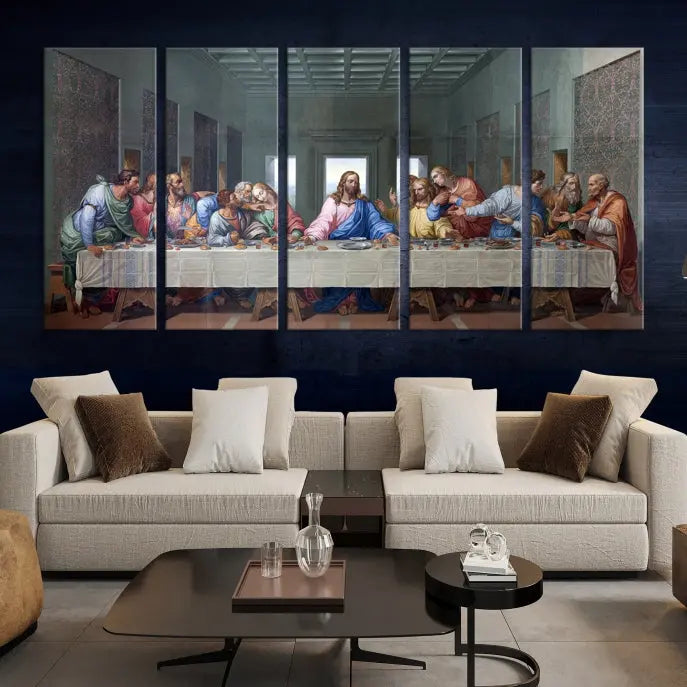 A triptych called The Last Supper Multi Panel Canvas Wall Art, printed on gallery-wrapped museum-quality polycotton canvas, is displayed in a modern living room.