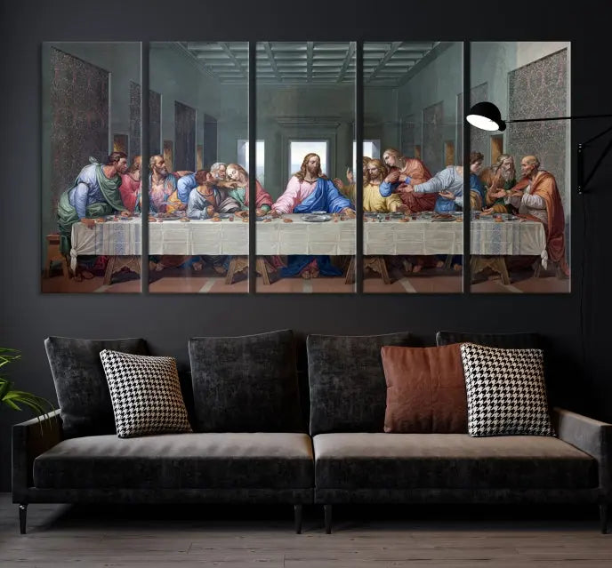 A triptych called The Last Supper Multi Panel Canvas Wall Art, printed on gallery-wrapped museum-quality polycotton canvas, is displayed in a modern living room.