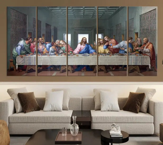 A triptych called The Last Supper Multi Panel Canvas Wall Art, printed on gallery-wrapped museum-quality polycotton canvas, is displayed in a modern living room.