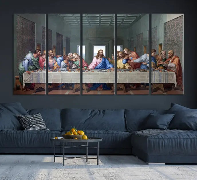 A triptych called The Last Supper Multi Panel Canvas Wall Art, printed on gallery-wrapped museum-quality polycotton canvas, is displayed in a modern living room.