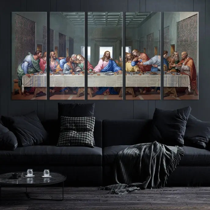 A triptych called The Last Supper Multi Panel Canvas Wall Art, printed on gallery-wrapped museum-quality polycotton canvas, is displayed in a modern living room.